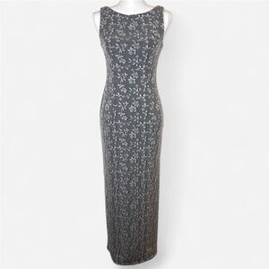 90s vintage floral knit maxi dress gray sleeveless stretchy